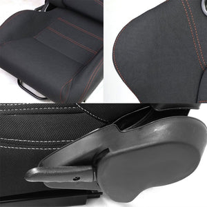 Pair Black/Double Red Stitch Reclinable Woven Cloth Type-R Style Racing Seats W/Sliders-Interior-BuildFastCar