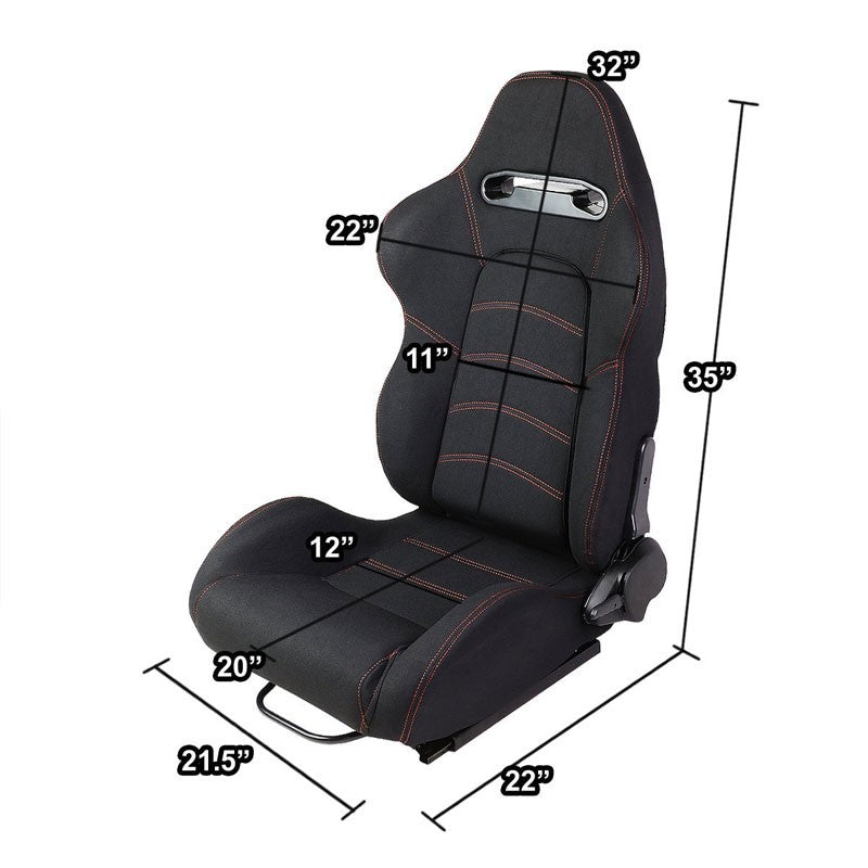 Pair Black/Double Red Stitch Reclinable Woven Cloth Type-R Style Racing Seats W/Sliders-Interior-BuildFastCar