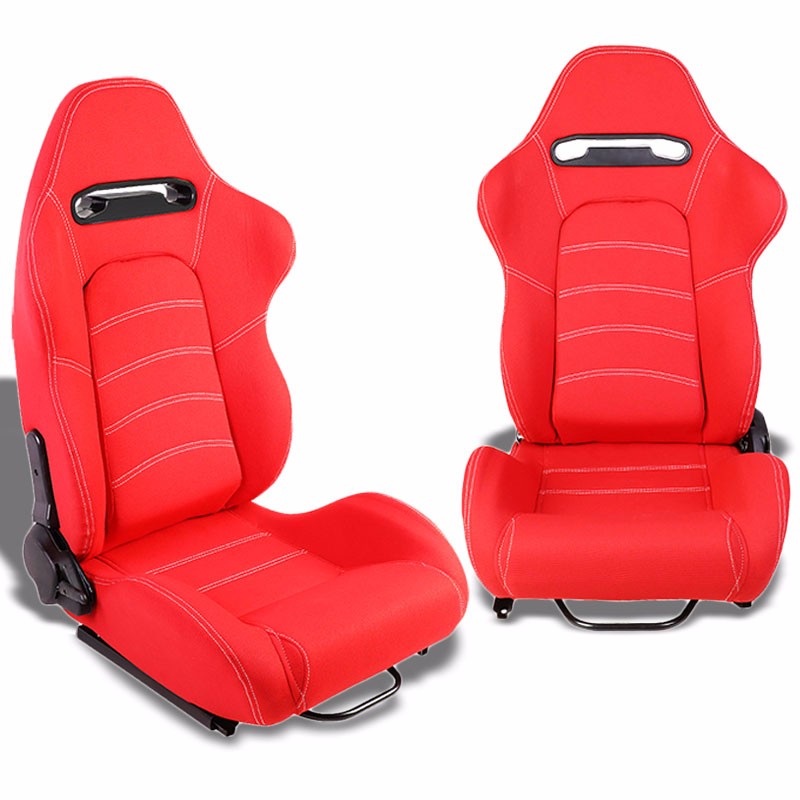 Pair Red/Double White Stitch Reclinable Woven Cloth Type-R Style Racing Seats W/Sliders-Interior-BuildFastCar