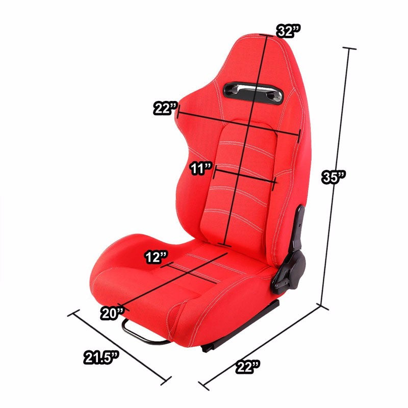 Pair Red/Double White Stitch Reclinable Woven Cloth Type-R Style Racing Seats W/Sliders-Interior-BuildFastCar