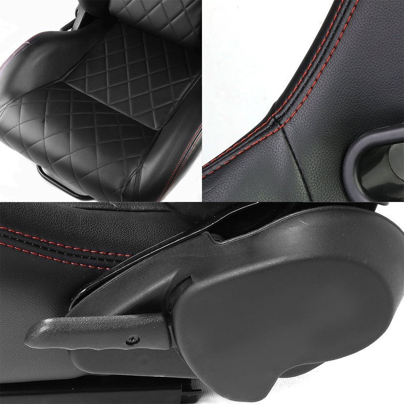 Pair Black Quited Stich Reclinable PVC Leather Type-R Style Racing Seats W/Sliders-Interior-BuildFastCar