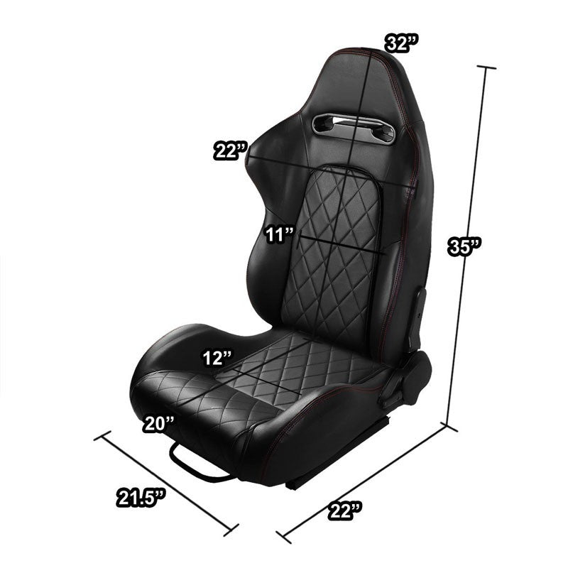 Pair Black Quited Stich Reclinable PVC Leather Type-R Style Racing Seats W/Sliders-Interior-BuildFastCar