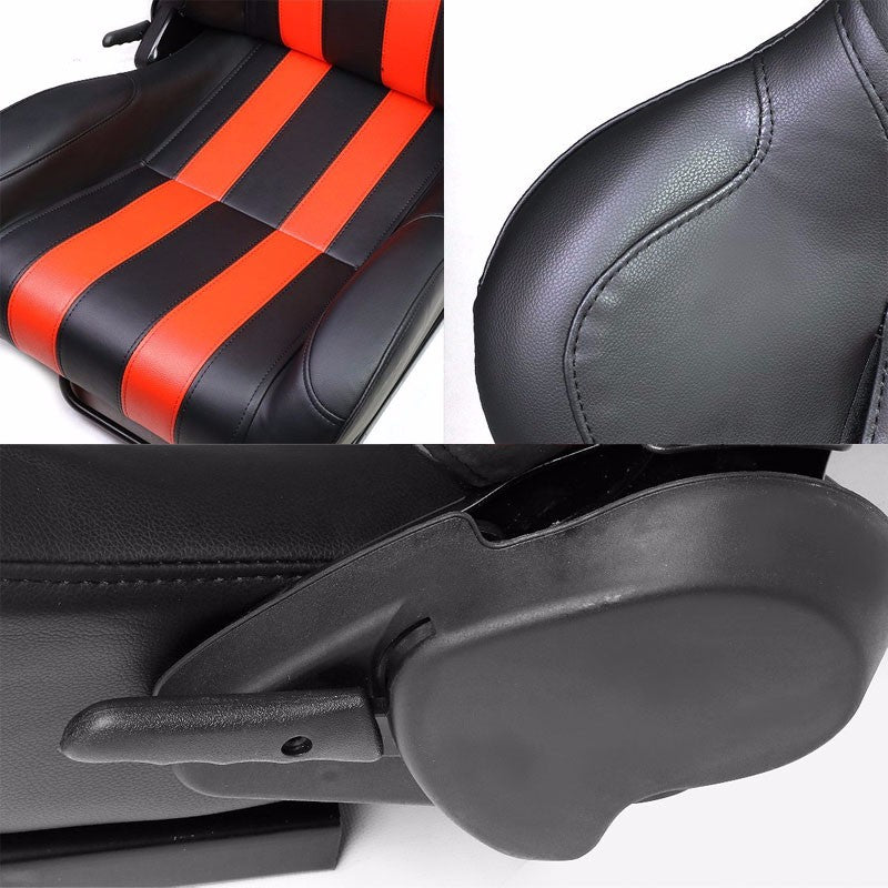 Pair Black/Red Dual Stripes Reclinable PVC Leather Type-R Sport Racing Seats W/Sliders-Interior-BuildFastCar