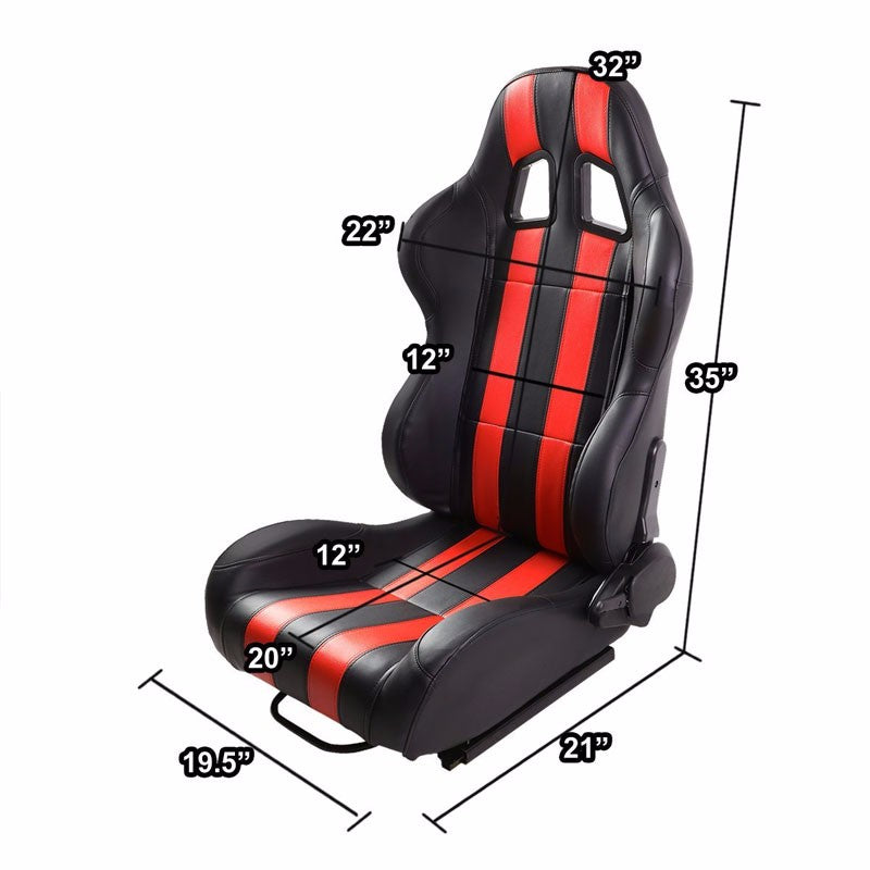 Pair Black/Red Dual Stripes Reclinable PVC Leather Type-R Sport Racing Seats W/Sliders-Interior-BuildFastCar