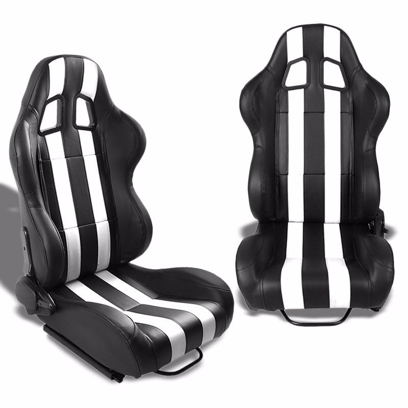 Pair Black/White Dual Stripes Reclinable PVC Leather Type-R Sport Racing Seats W/Sliders-Interior-BuildFastCar