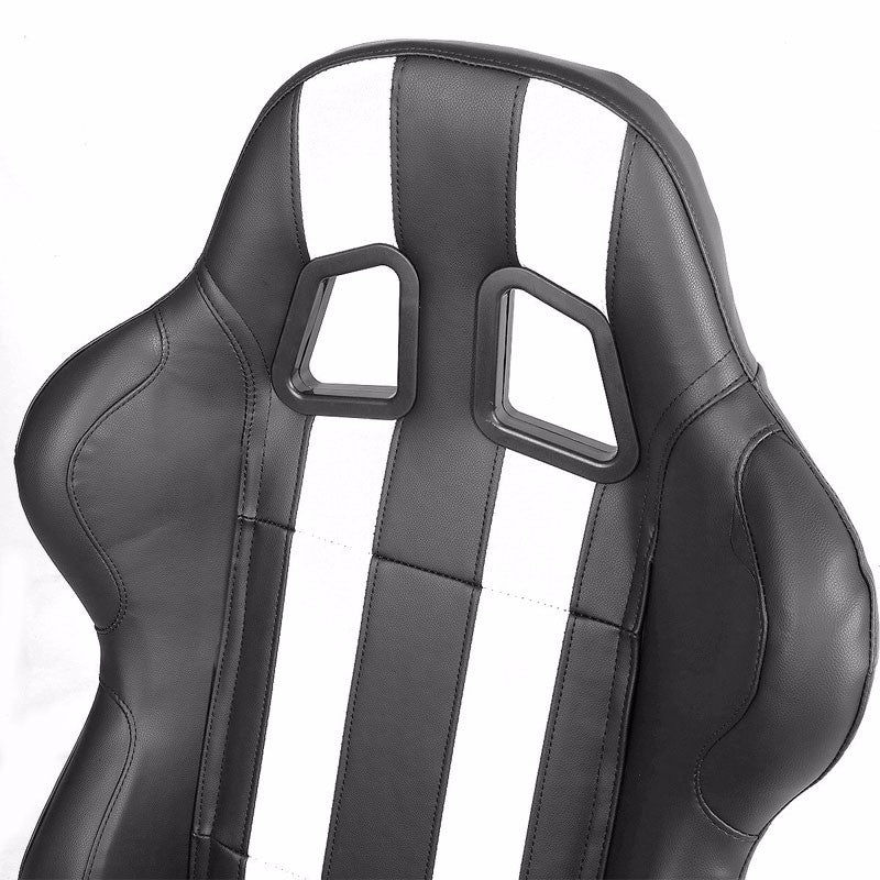 Pair Black/White Dual Stripes Reclinable PVC Leather Type-R Sport Racing Seats W/Sliders-Interior-BuildFastCar