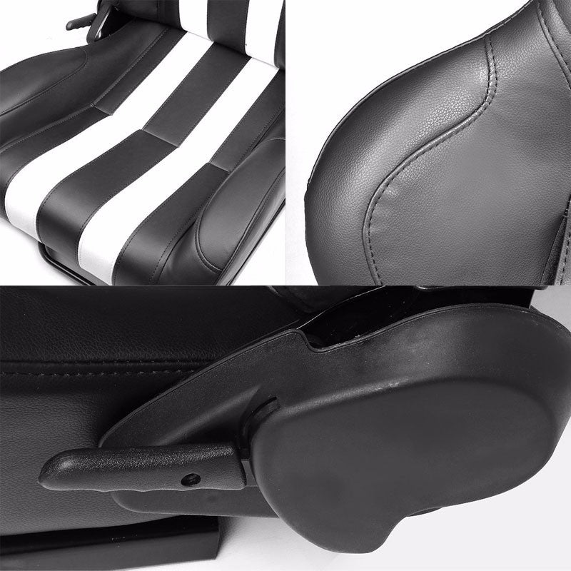 Pair Black/White Dual Stripes Reclinable PVC Leather Type-R Sport Racing Seats W/Sliders-Interior-BuildFastCar