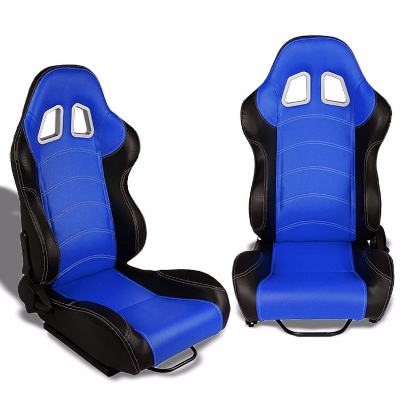 Pair Blue/Black Side Reclinable PVC Leather Type-R Sport Racing Seats W/Sliders-Interior-BuildFastCar