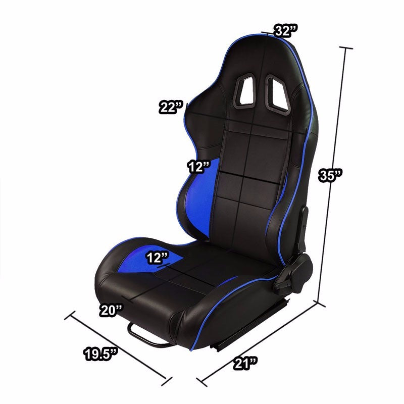 Pair Black/Blue Piping Reclinable PVC Leather Type-R Sport Racing Seats W/Sliders-Interior-BuildFastCar