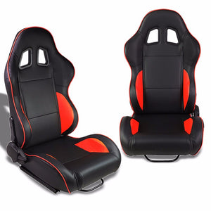 Pair Black/Red Piping Reclinable PVC Leather Type-R Sport Racing Seats W/Sliders-Interior-BuildFastCar