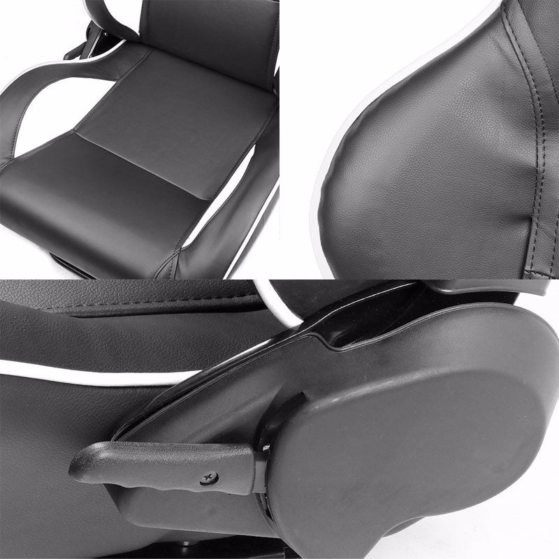 Pair Black/White Piping Reclinable PVC Leather Type-R Sport Racing Seats+Sliders-Interior-BuildFastCar