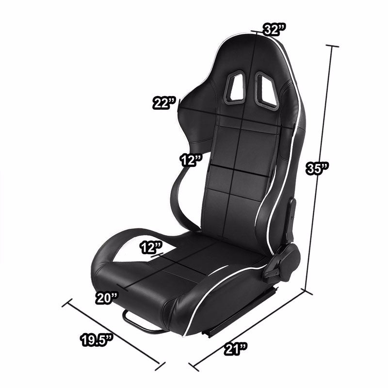 Pair Black/White Piping Reclinable PVC Leather Type-R Sport Racing Seats+Sliders-Interior-BuildFastCar