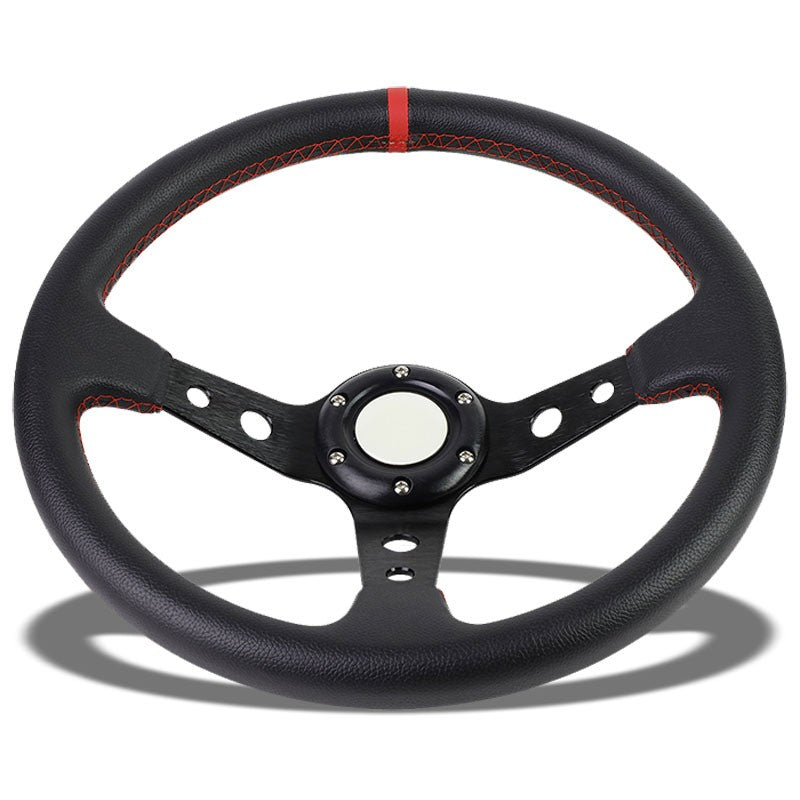 Black Leather/Round Holes Spoke 350mm 3.00" Deep Dish Steering Wheel+Horn Button-Interior-BuildFastCar