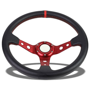 Black Leather/Red Round Holes 350mm 3.00" Deep Dish Steering Wheel+Horn Button-Interior-BuildFastCar