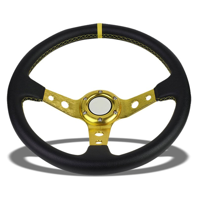 Black Leather/Gold Round Holes 350mm 3.00" Deep Dish Steering Wheel+Horn Button-Interior-BuildFastCar