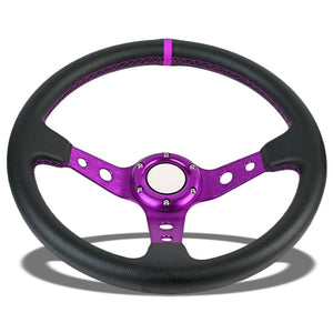 Black Leather/Purple Round Hole 350mm 3.00" Deep Dish Steering Wheel+Horn Button-Interior-BuildFastCar