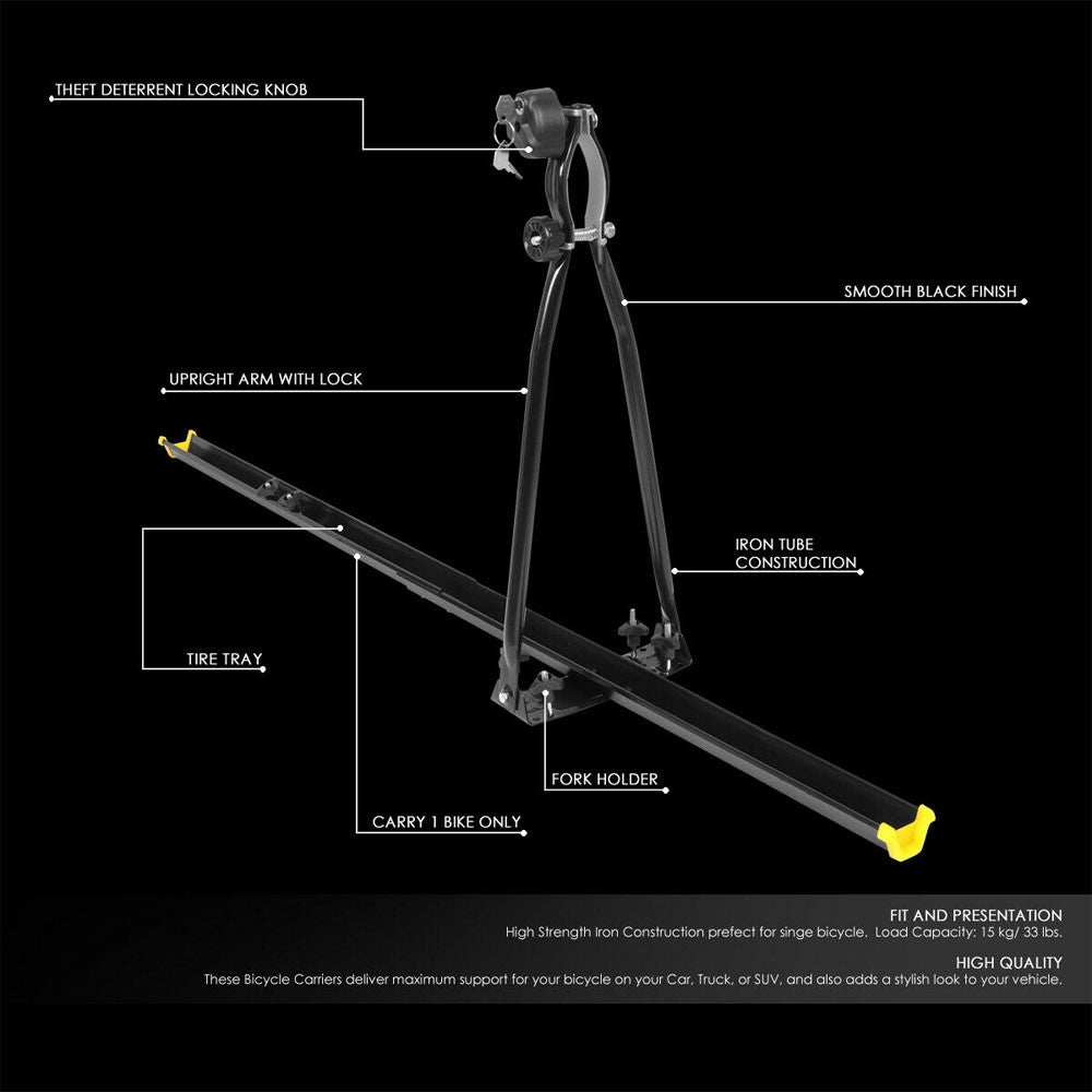 Iron Steel Roof Top Wheel-On Single Bicycle Bike Rack Mount Lock 33LB Max Load