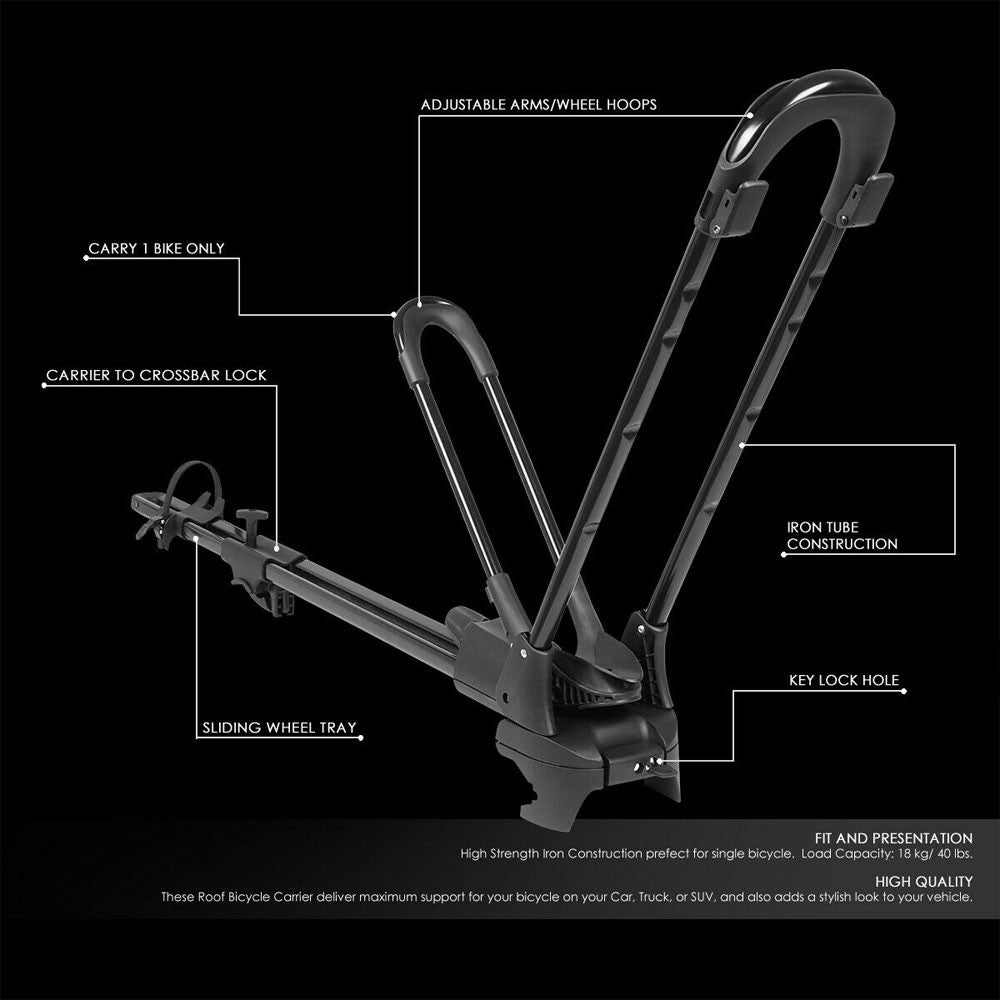 Mild Steel Roof Top Wheel-On Single Bicycle Bike Rack Mount Lock 40LB Max Load