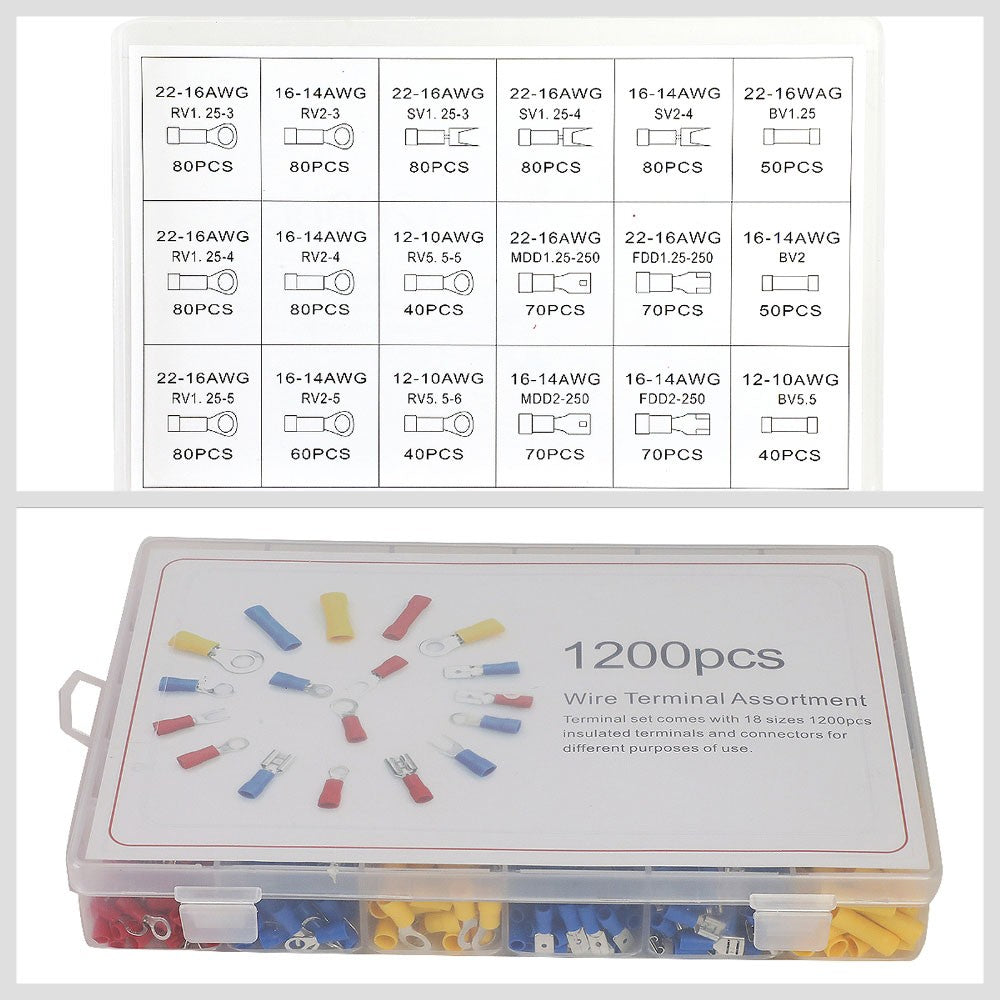 1200PCS Insulated Wire Connector Assortment Kit with Case 22-16 14-16 10-12 AWG