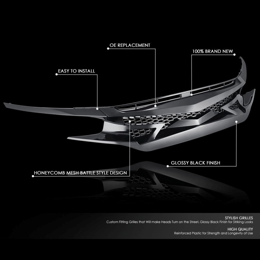 BFC-FGR-1-0183-NL Glossy Black Battle Style Mesh Front Grille For 16-18 Honda Civic 2Dr/4Dr/HB